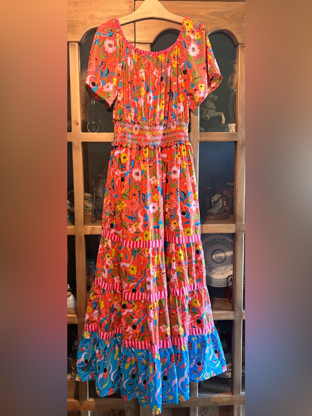 Printfresh Penciled In Dress Size Medium Bright Floral Maxi Dress Coral & Blue - Picture 10 of 11
